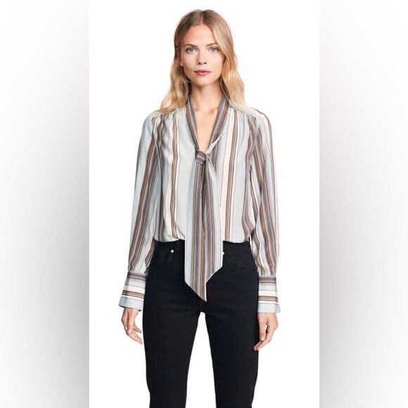 Elizabeth and James Mimi Neck-Tie Stripe Silk Blouse in Dust Multi Size XS - Picture 1 of 8